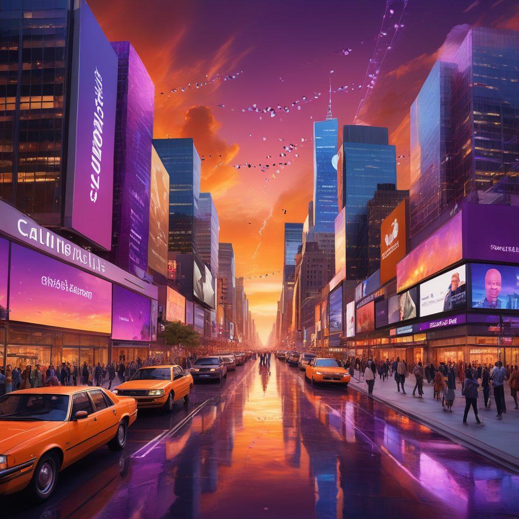 A colorful cityscape bustling with diverse individuals engaging with various forms of media, such as smartphones, tablets, and televisions displaying WCAV Media content, overlaid with vibrant graphic elements symbolizing the impact of media on daily life. The scene should capture the essence of connectivity and influence, with elements like music notes, social media icons, and news headlines floating around. The sky should be painted in hues of orange and purple, reflecting a dynamic sunset. super-realistic. vibrant colors. 3D.