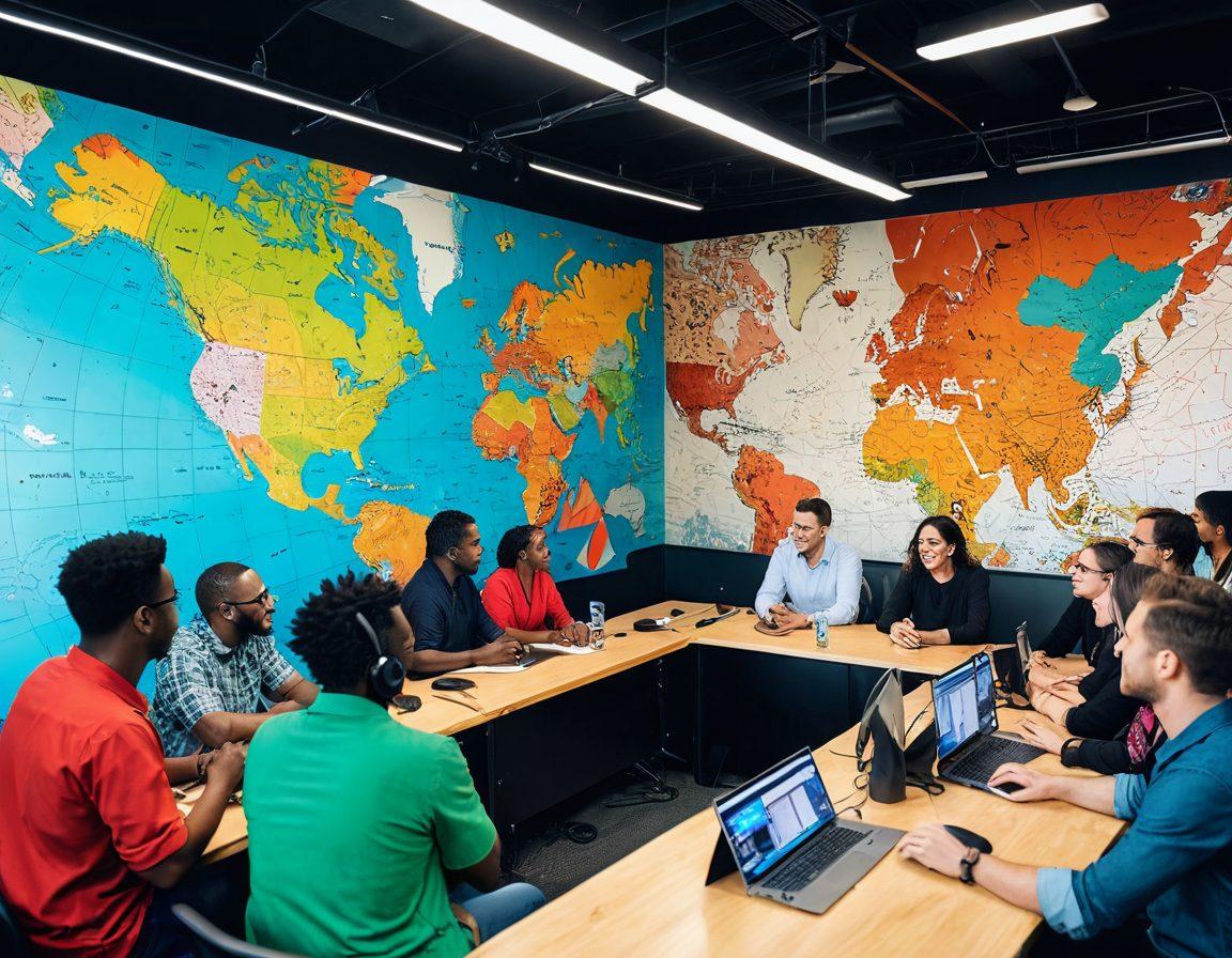 A vibrant radio studio bustling with activity, showcasing diverse community members engaging in discussions. Include a large map of local areas on the wall and microphones in front of enthusiastic hosts. Surround the studio with images of local events and listeners tuning in, reflecting a sense of unity and connection. bright colors. modern illustration.