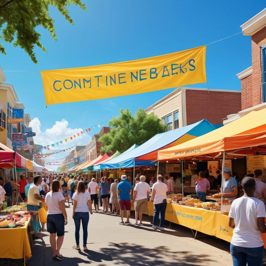 A vibrant community scene showcasing diverse neighbors engaging in conversation, sharing news, and participating in a local event under a bright blue sky. Include a large banner reading 'Connecting Neighbors' and elements like food stalls, children playing, and volunteers assisting. Highlight the sense of unity and collaboration among people of different backgrounds. super-realistic. vibrant colors. 3D.